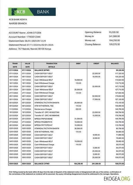 Modèle Word et PDF de relevé de compte bancaire KCB du Kenya